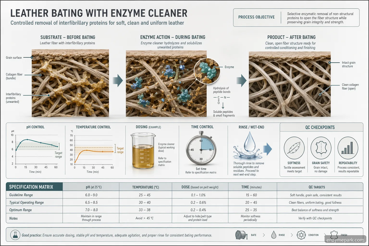 leather safe enzyme cleaner industrial bating diagram with pH, temperature, time, and substrate reaction flow