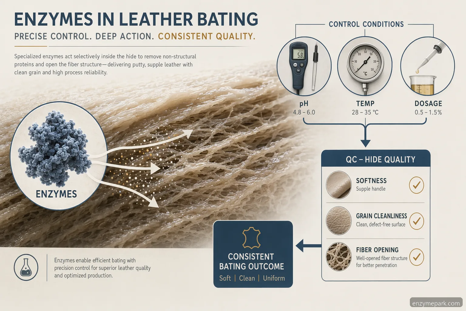 leather processing enzymes dosage pH and temperature in bating, with controls for hide quality and QC checks