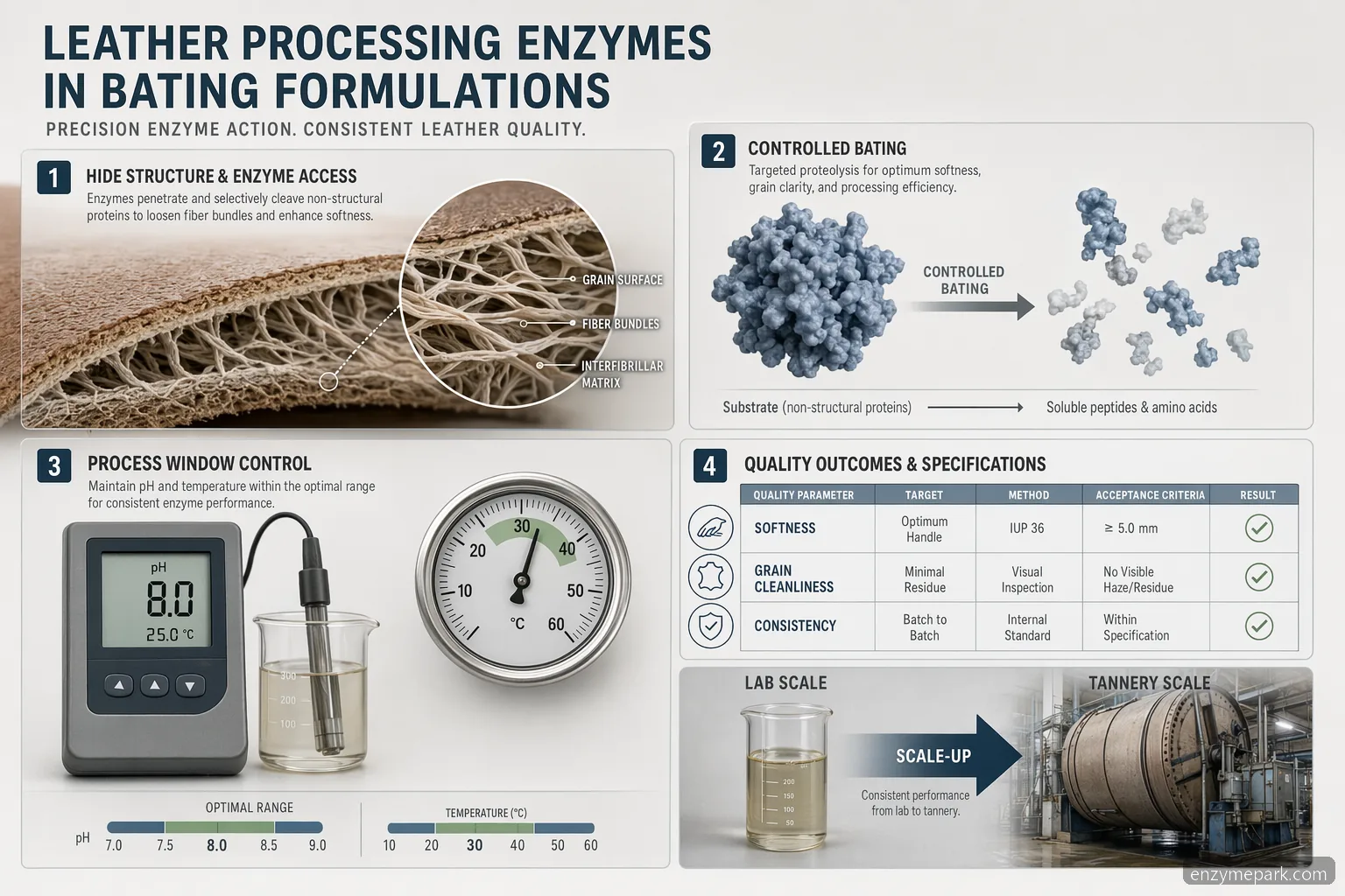 novozymes leather enzymes bating guide, showing enzyme dosing, pH, temperature, QC, and scale-up steps